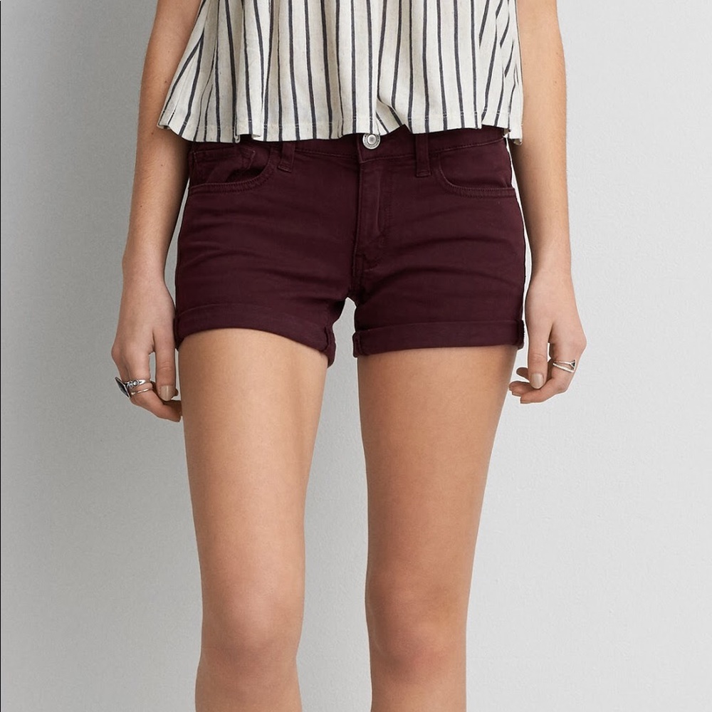 AEO burgundy super stretch high-rise shorts